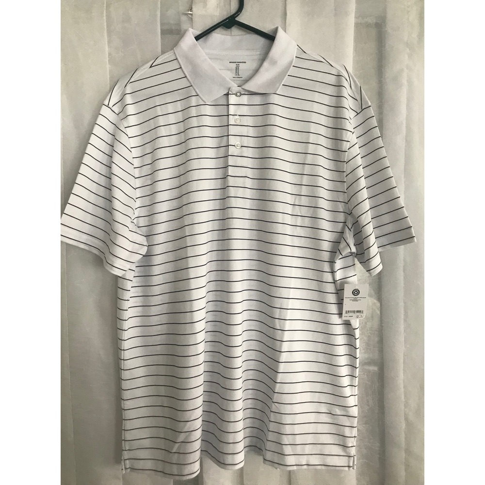Amazon Essentials Mens Slim Fit Short Sleeve Stripe Polo Shirt White Navy XL NWT